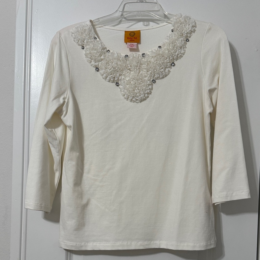 Ruby Rd. Cream Top with Floral Embellishments